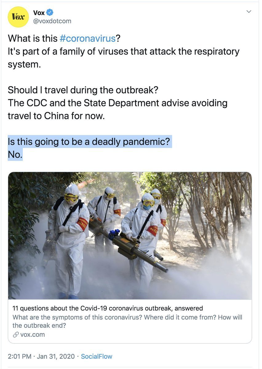 Vox: "factual, reliable, clear journalism is more important than ever."Also Vox: "Is this going to be a deadly pandemic? No."