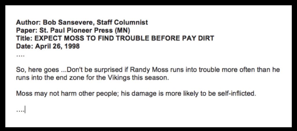 Randy Moss (1998) (Tweet 1/3)Moss was one of the draft’/ best talents but slipped to 21 b/c of concerns of past legal issues. Jerry Jones has expressed regret for passing on him.Many teams explicitly said that Moss was off their board, and columnists warned to stay away.