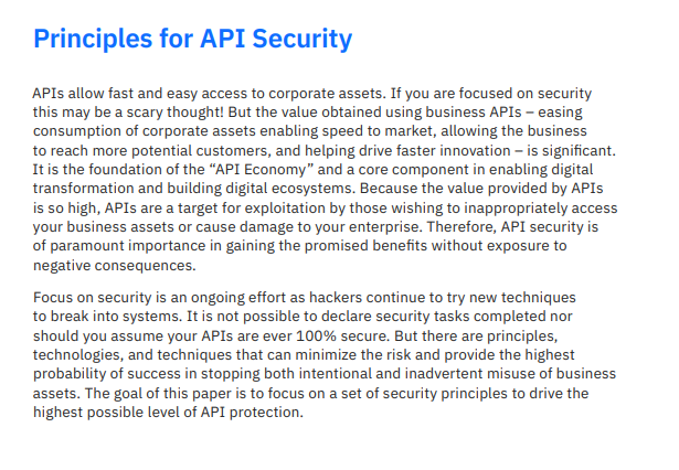 Check out the this IBM API Connect Resource: Principles for API Security - White Paper Download from the IBM Middleware Community: ibm.co/2Uxz4dm #ibm #ibmapi #apiconnect #apisecurity #ibmcommunity #middleware #ibmmiddleware