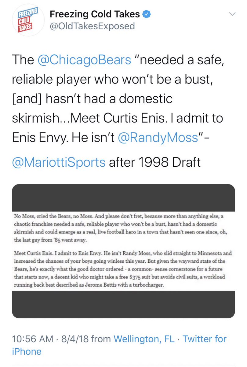 Randy Moss (1998) (Tweet 3/3)Dolphins HC Jimmy Johnson, who traded the 19th pick, tried to justify passing on Moss, by gassing up his 3rd round pick: WR Larry Shannon.Jay Mariotti was ecstatic the Bears picked Curtis Enis over Randy Moss & admitted he had “Enis Envy.”