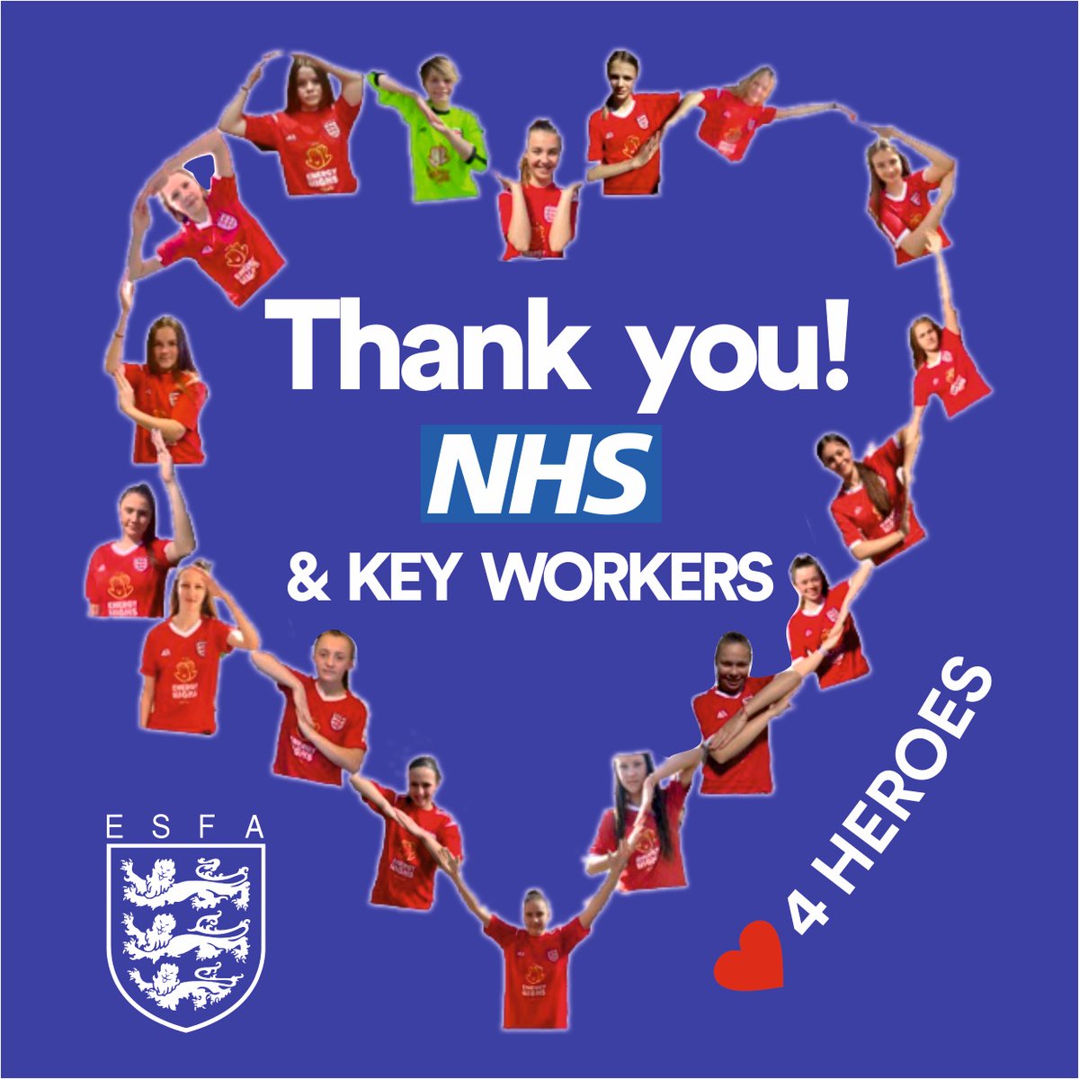 A big thank you to the #NHS and all #keyworkers from the #Englandschoolgirls and all at the ESFA🙌

👏👏👏👏

#ClapForTheNHS #ClapForCarers #COVIDー19 #NHSheroes
#heart4heroes  
🔴🔵⚪️