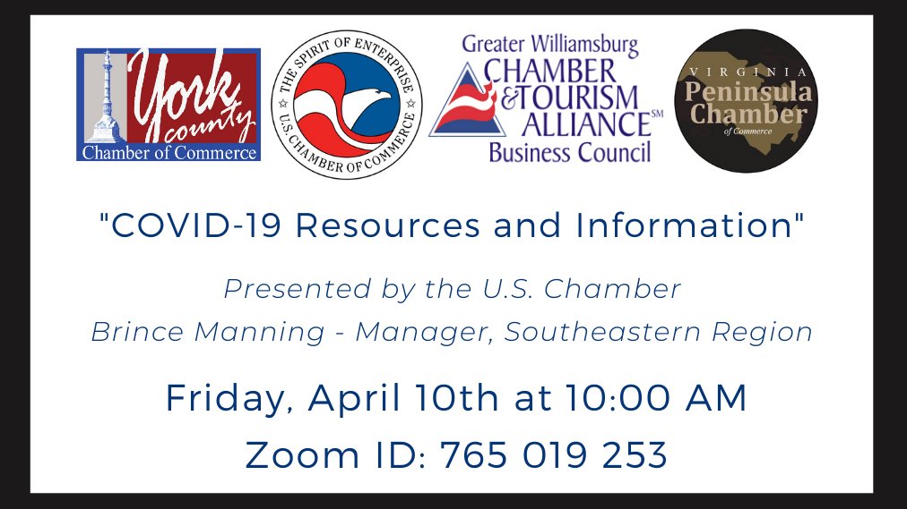 Haven't attended a webinar yet? This is the one! Join us tomorrow morning on Zoom to hear from the U.S. Chamber. Learn about #COVID19 resources for you and your business!