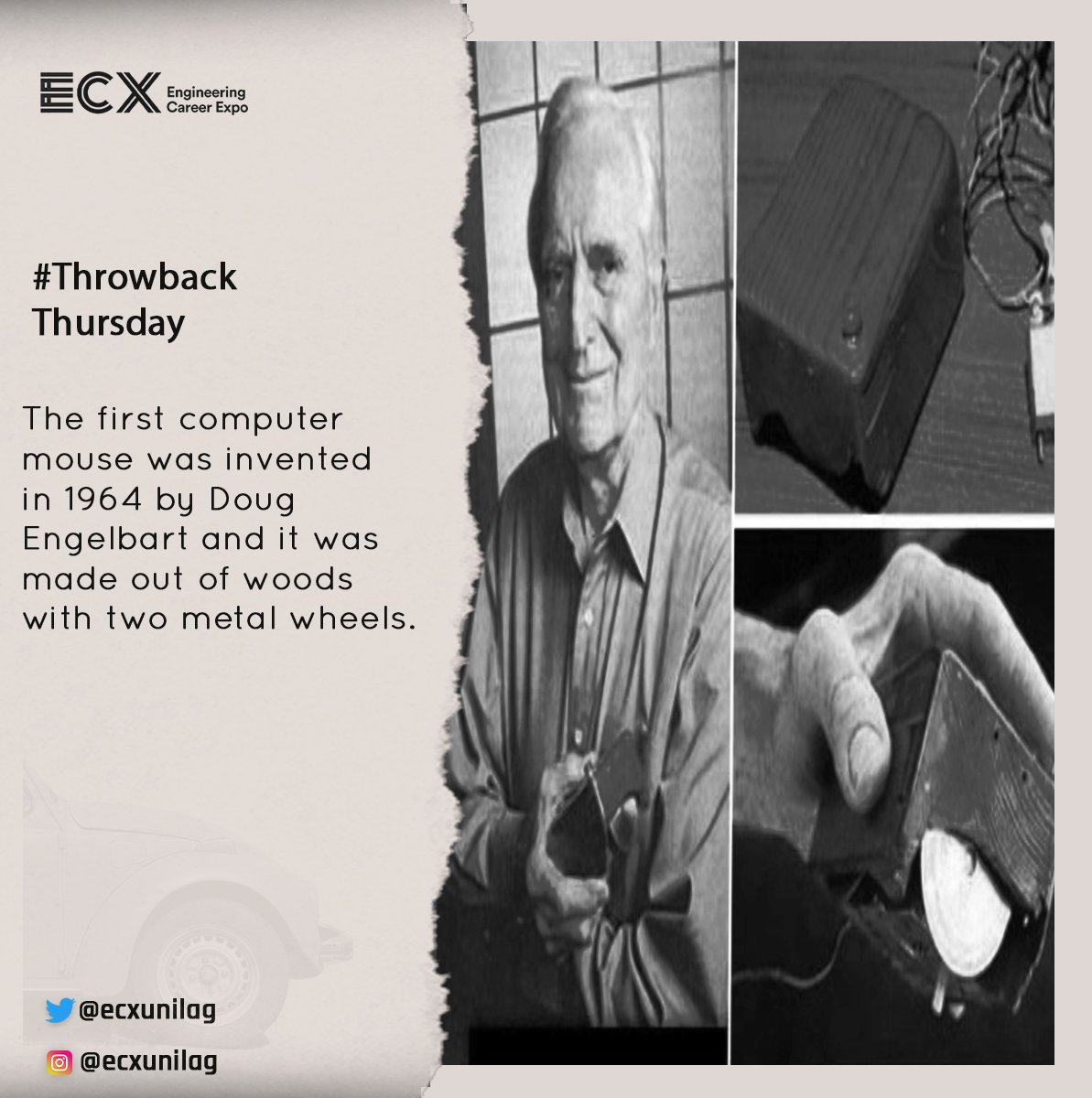 engcareerexpo's tweet photo. Did you know?
The first computer mouse was made out of woods😮
#ThrowbackThursday #ecxThrowbackThursday #DidYouKnow #ecx #engineeringcareerexpo https://t.co/fpZUy9GYoy
