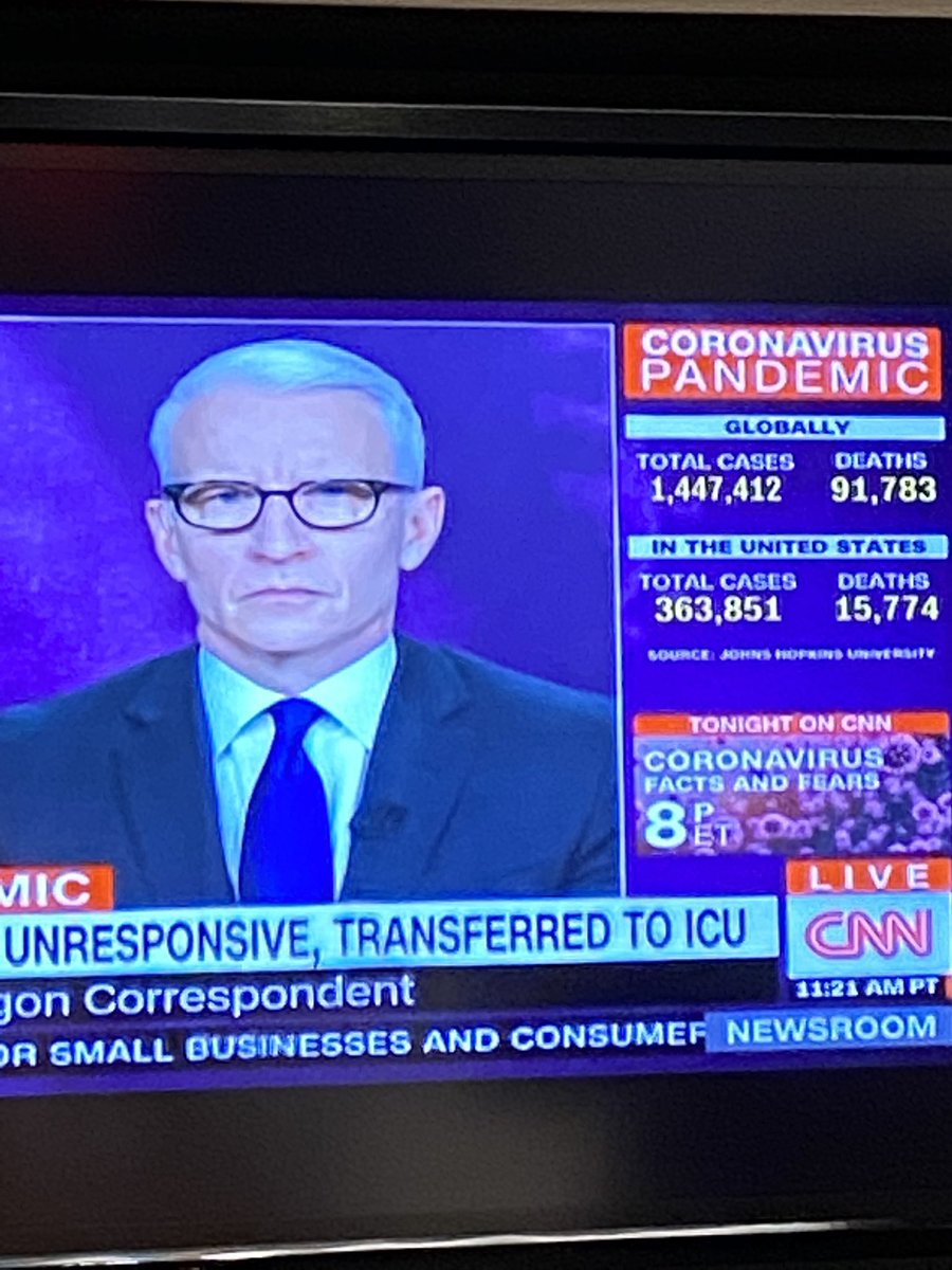 Flash75s's tweet image. Ok @CNN this pic is from 1:23pm.  At 12:53pm you had the World at 1,506,936/90,057 US at 432,596/14,831.  After a break you “report” over “15,000” deaths and report these #’s until 1:20pm.  Which is it?!?  I watch multiple networks, hope this is innocent mistake...
