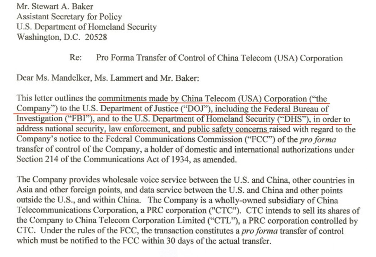 The assurances appear to have been required to explicate the implications of transferring China Telecom USA to another PRC corporation, since there were NatSec issues.