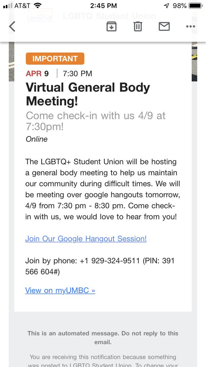 Hey guys! Miss our Thursday meetings??? Fear not we’re doing one online tonight! Come join us through google hang out tonight from 7:30-8:30

#umbc #umbcproud #lgbtq #pride #lesbian #gay #bisexual #transgender #asexual #pansexual #umbclgbtq #umbclsu