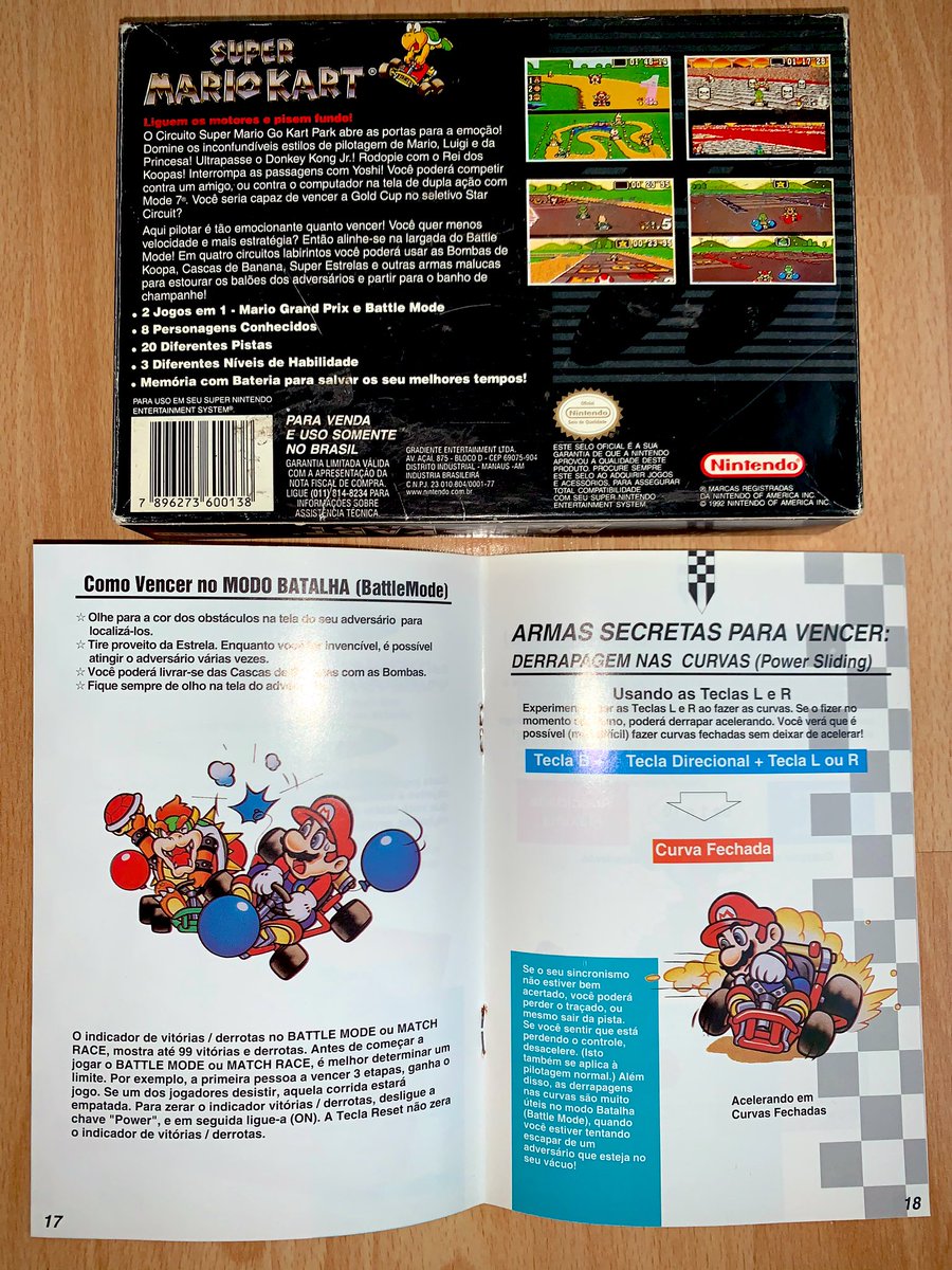 Super Mario Kart (SNES, 1993)  Mon seul jeu brésilien, et il s’agit de la version NTSC du jeu sur laquelle j’ai passé des centaines d’heures et qui inclut certains de mes records du monde !Contenu de la cartouche identique à la version US, avec boîte et notice en portugais.