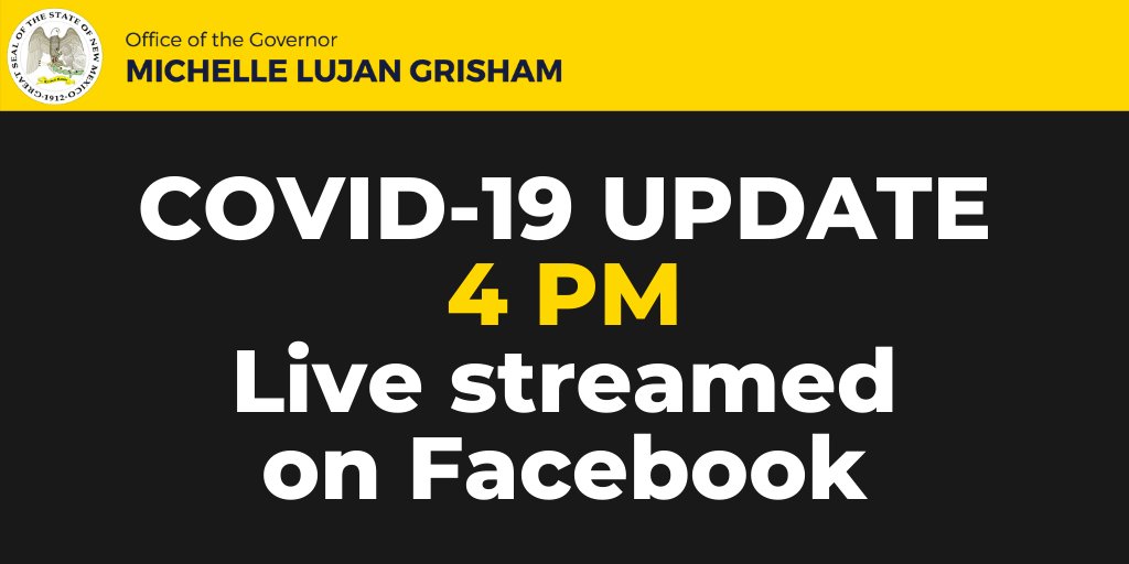 I'll be joined by state officials at 4 PM this afternoon to provide an update on New Mexico's efforts in the face of the #COVID19 pandemic.

You can tune in and watch live at facebook.com/GovMLG/ – you don't have to have an account to watch.

#StayHomeSaveLives #AllTogetherNM