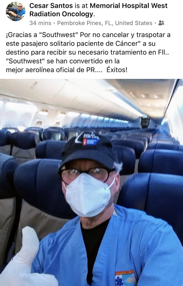 El compañero fotoperiodista César Santos comparte esta foto. Único pasajero en vuelo de San Juan a Fort Lauderdale. Va a recibir tratamiento oncológico. Mucha salud para él.