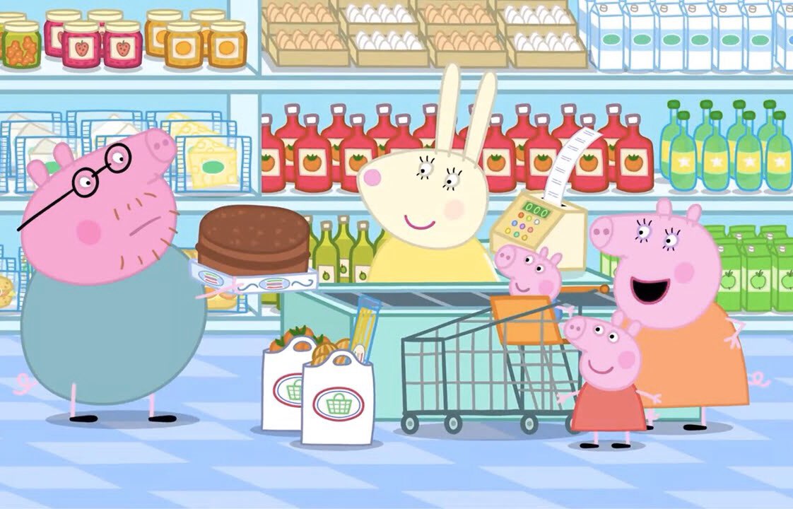 товары свинка пеппа. кадр из мультфильма свинка пеппа. свинка пеппа супермаркет игра. пепа магазин. макси-пазлы "свинка пеппа", 35 элементов.