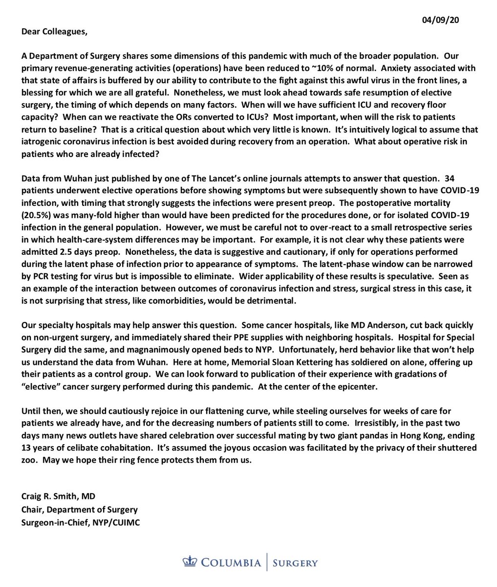 COVID-19 Update: Thursday, 4/9/20Here’s the latest from Dr. Craig Smith on  #COVID19:  https://columbiasurgery.org/news/covid-19-update-dr-smith-4920