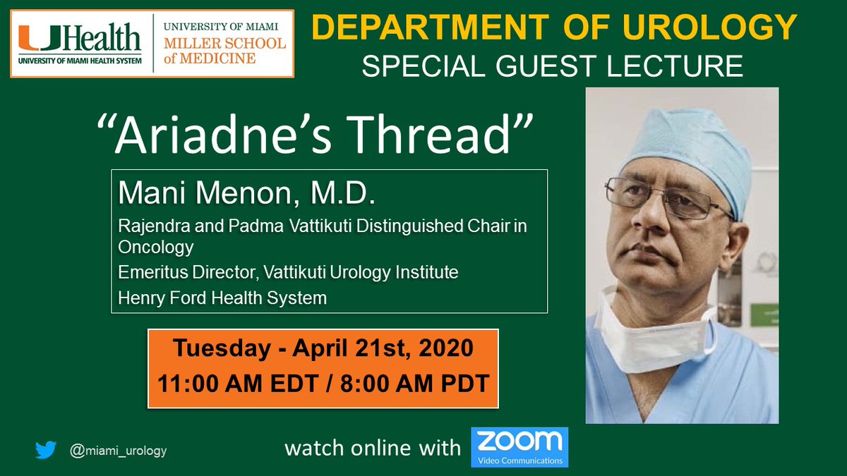 We are excited to announce our next special guest speaker!

Join us next Tuesday April 21st, for a Special Guest Lecture by Dr. Mani Menon - "Ariadne's Thread!"

🗓 Tuesday April 21st
⏰ 11 AM EDT/ 8 AM PDT

👉 Please join us via Zoom 

miami.zoom.us/j/371687054