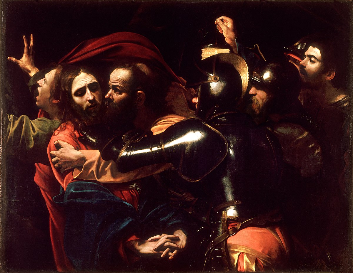 At eleven o'clock. Jesus goes to meet his enemies. Judas betrays him with a kiss.