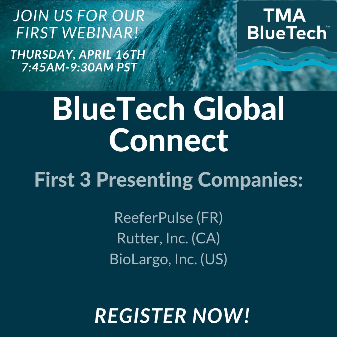 TMABlueTech's tweet image. REGISTER: conta.cc/2Xgxa3x
Reminder to register and join us Thursday, April 16th for our BlueTech Global Connect (BCG) launch! Our first 3 presenting companies will be Reeferpulse (FR), @rutter_inc (CA) and @BioLargo  (US). 

#bluetechglobalconnect #bluetech #tmabluetech
