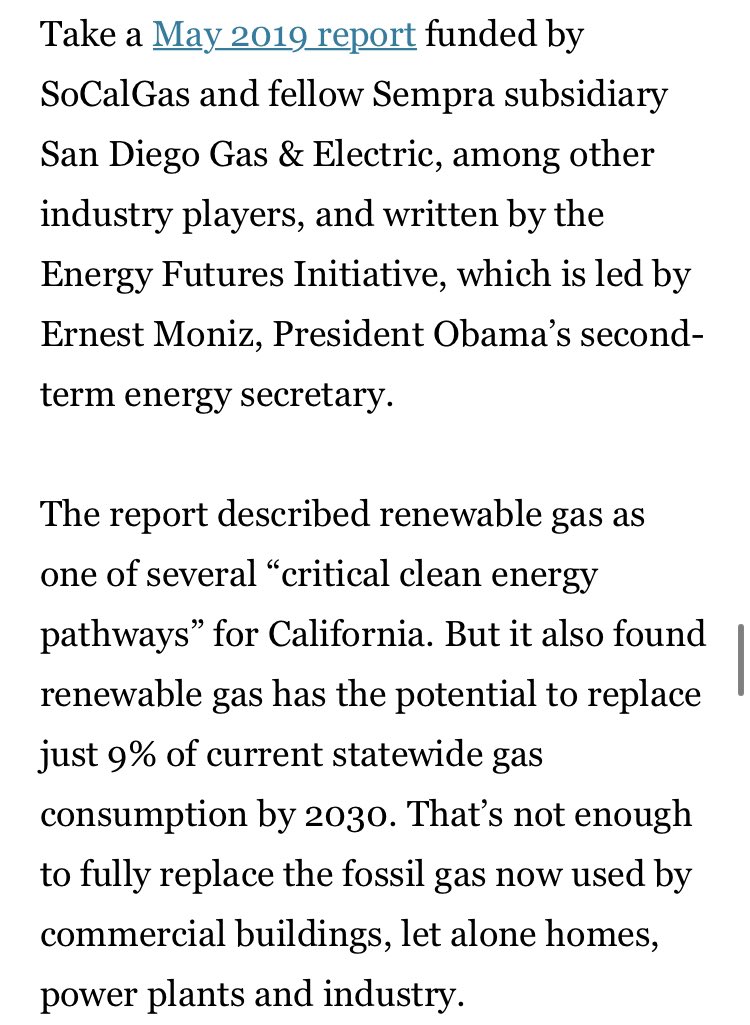 A key point: Even industry-funded reports suggest a relatively limited role for renewable gas. We use a LOT of fossil gas & other fuels (home heating, electricity, industry, aviation, etc). There’s not nearly enough renewable gas to replace all that.  https://www.latimes.com/environment/story/2020-04-09/cow-poop-california-clean-energy-future12/