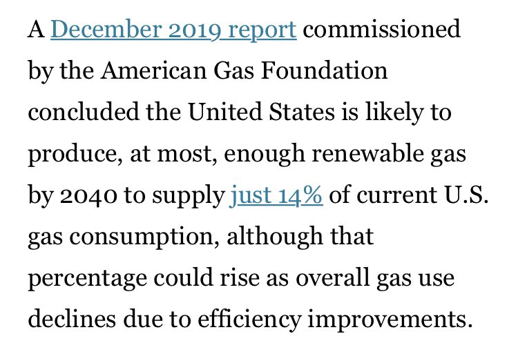 A key point: Even industry-funded reports suggest a relatively limited role for renewable gas. We use a LOT of fossil gas & other fuels (home heating, electricity, industry, aviation, etc). There’s not nearly enough renewable gas to replace all that.  https://www.latimes.com/environment/story/2020-04-09/cow-poop-california-clean-energy-future12/