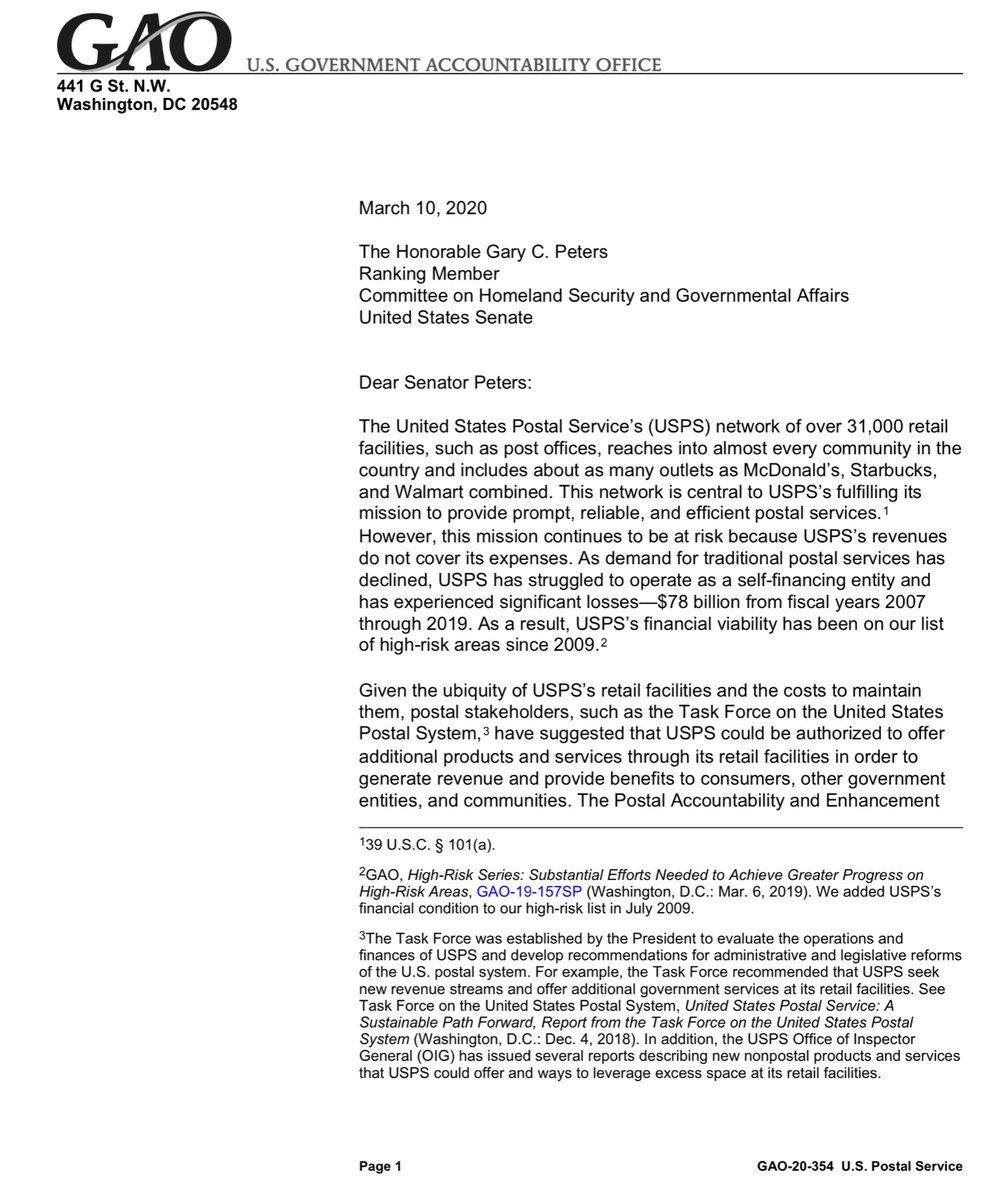 In March 2020 the GAO reported,FY 2018 USPS generated $10.5B in revenue v $5B to operate, making them profitable overall. But BECAUSE of the LAW USPS has to pay the Government- if you sense my frustration that’s intended https://www.gao.gov/assets/710/705230.pdf