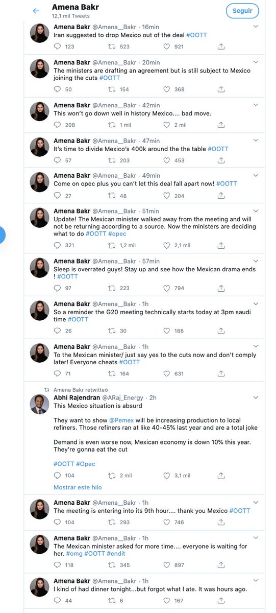 Entré a twitter para ver una telenovela. 

<a href="/rocionahle/">Rocío Nahle</a> representando a México en junta de la OPEP no estuvo de acuerdo con los recortes (fue el único que no) y abandonó la junta. Por lo que Irán recomendó dividir la rebanada que le tocaba a México entre todos ellos.