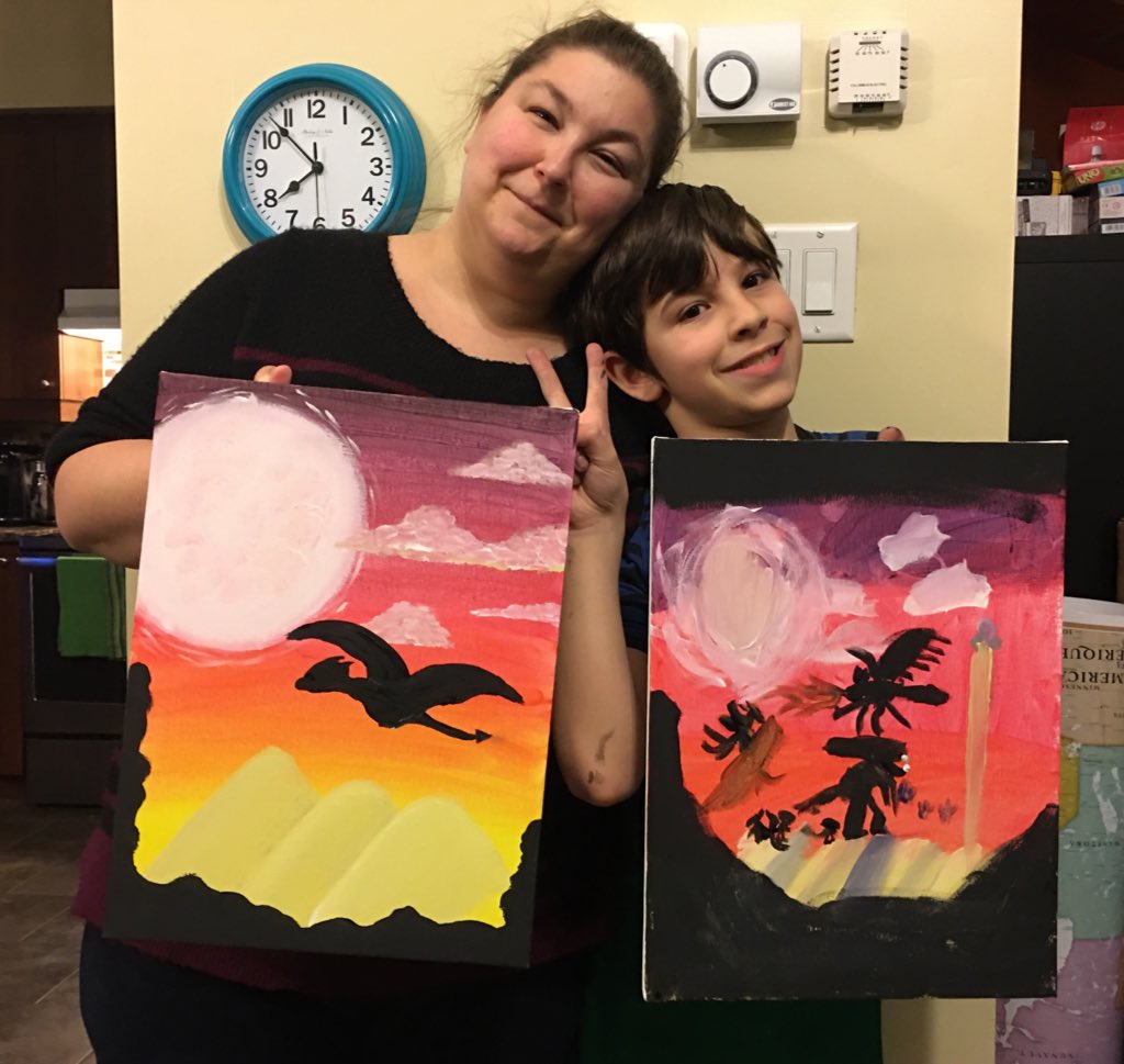 stephbell81's tweet photo. The 9yo and I tried a #VirtualYay with Melissa of #YayMaker Ottawa. Final results: 2 hours of bonding and some nice looking paintings! #MommySonTime https://t.co/QHGdQq98IF