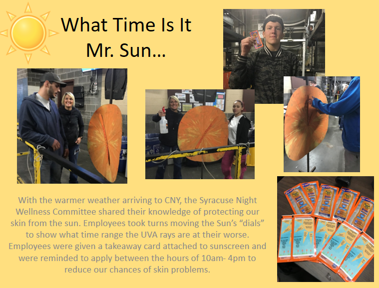 Empire0736's tweet photo. What time is it Mr. Sun... Syracuse night sort engaging employee's on a fine Wellness Wednesday! #SafetySpringNED @safetyfirstNED @KurtMarxSafety @jenkowalik_ https://t.co/MjWE5Awqvg