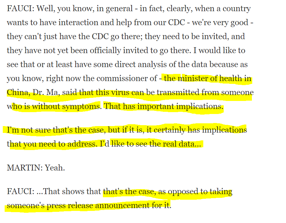 on Jan 27, Fauci interviewed on coronavirus  https://www.npr.org/2020/01/27/799925300/coronavirus-spreads-5-confirmed-cases-in-the-u-s . Remember US claims that China concealed contagiousness of virus. Fauci says that China had reported asymptomatic transmission, but Fauci was skeptical, wanting to see "real data" before addressing implications