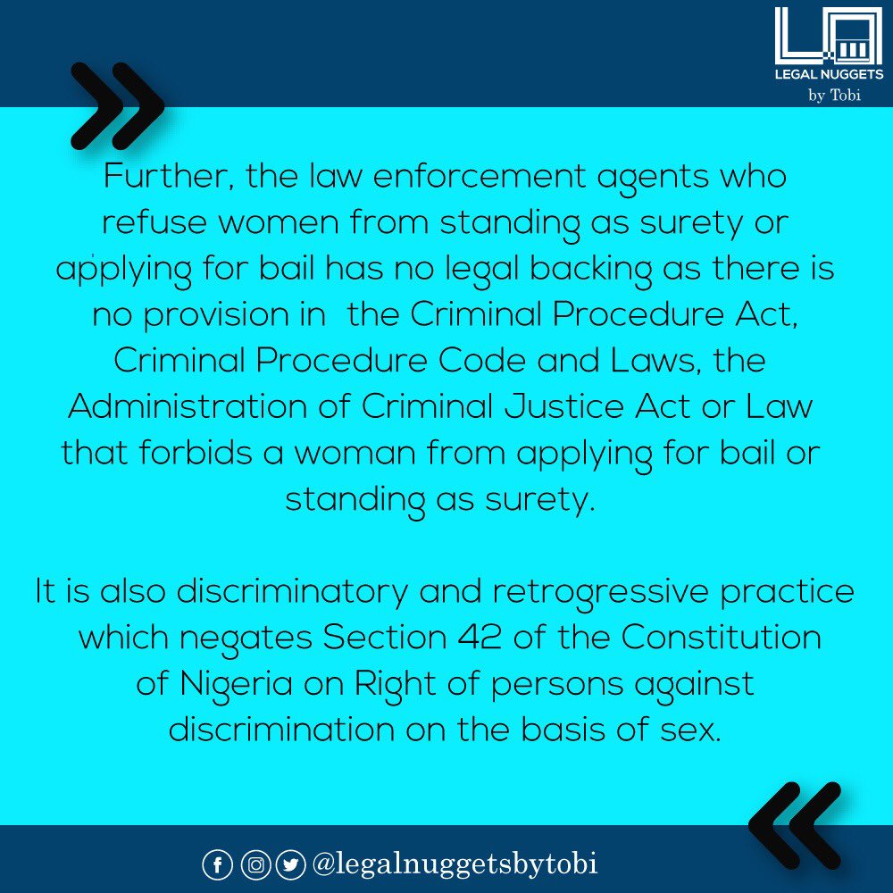 Have you ever heard the myth that women cannot apply for the bail of an accused or you have had the experience yourself? Read thread belowto stay informed and don’t forget for post your feedback by commenting below #law  #bail  #surety  #women  #StayHome    #StaySafeNigeria  #Legal