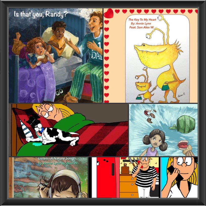 AnnieLynn215's tweet photo. I just found this cool compilation collage I did a while ago, featuring some of the different #kidlit #kidlitart(ists) I have hired to illustrate my songs for music videos/album covers. I lucked out with @TraciVanWagoner @RobSayArt @Vinkelmule #JoshuaAllen & @KentWhittington https://t.co/MQYbOrIu8T