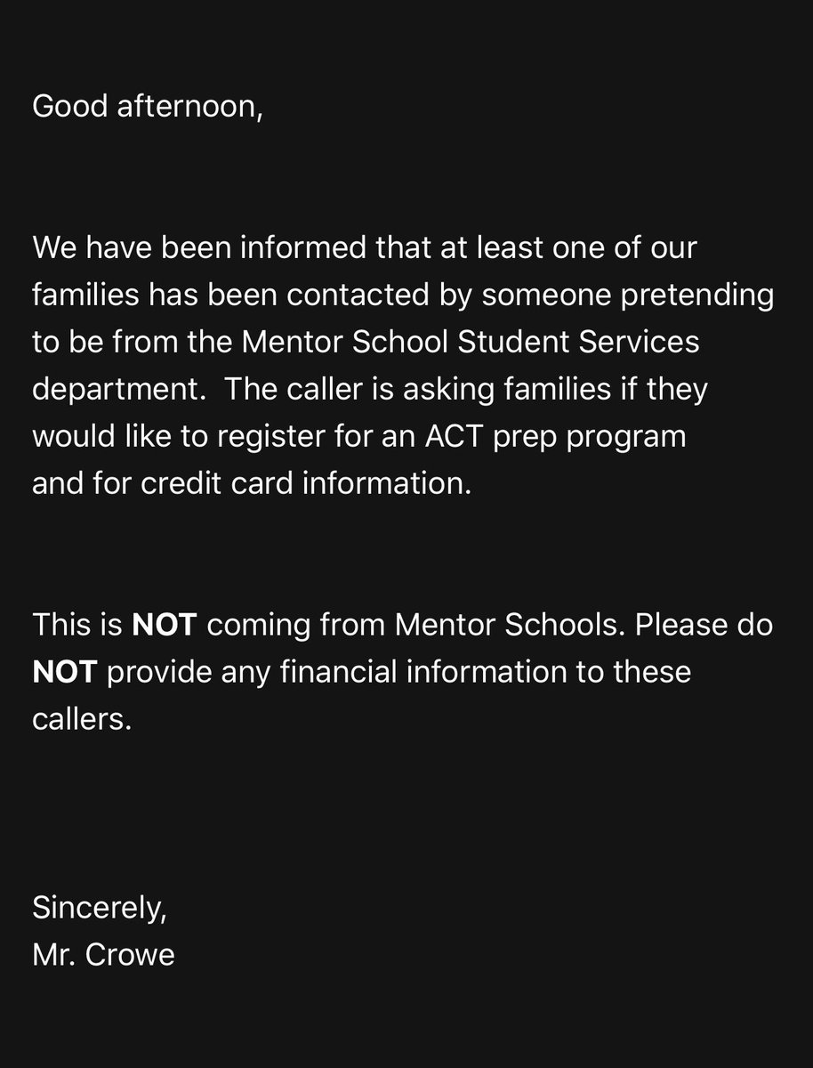 Please see below for IMPORTANT info from Mentor Schools: