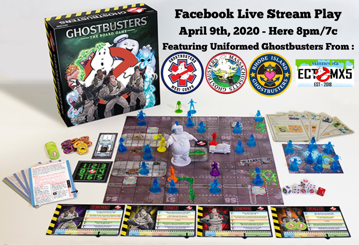GBMediCorps's tweet photo. Tonight!! We team up with @MAGhostbusters, @RIHopeGhost, &amp; @ectomx5 in uniform bustin’ some Ghostbusters The Board Game!  Live on our Facebook page https://t.co/BYr0eo81Jd at 8pm/7c 4 GB’s 4 Franchises, 4 States, 1 Board Game!  #ghostbusters #ghostbusterstheboardgame #cryptozoic https://t.co/1VWXt0jv9I