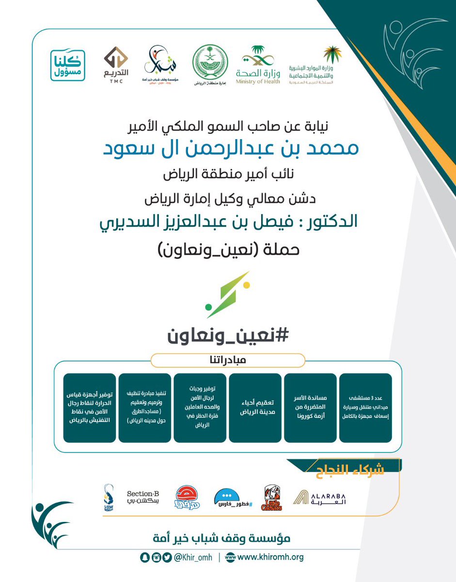 khir_omh's tweet photo. إيماناً بدورنا المجتمعي خلال أزمة جائحة #كورونا 
أطلقت المؤسسة حملة #نعين_ونعاون 
والتي دشنها هذا اليوم نيابة عن صاحب السمو الملكي الأمير
محمد بن عبدالرحمن ال سعود 
نائب أمير منطقة الرياض 

معالي وكيل إمارة الرياض 
الدكتور  فيصل بن عبدالعزيز السديري 

حملة (نعين_ونعاون) https://t.co/vBUyaEX2oV