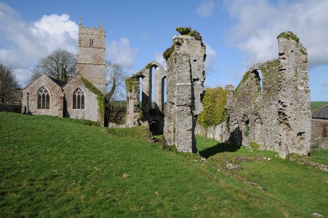 I didn't know about Frithelstock. Austin Priory, founded 1220s best monastic ruin in Devon. The Early English Gothic W front of the church with its great triple lancets stands full height behind the parish church