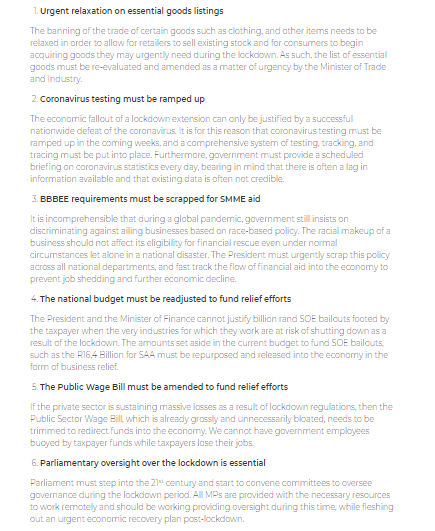 While we finalise our considerations to the President, in the meantime the following are essential amendments which need to be enacted to ensure the sustainability and credibility of the lockdown, which relies on buy-in from citizens: