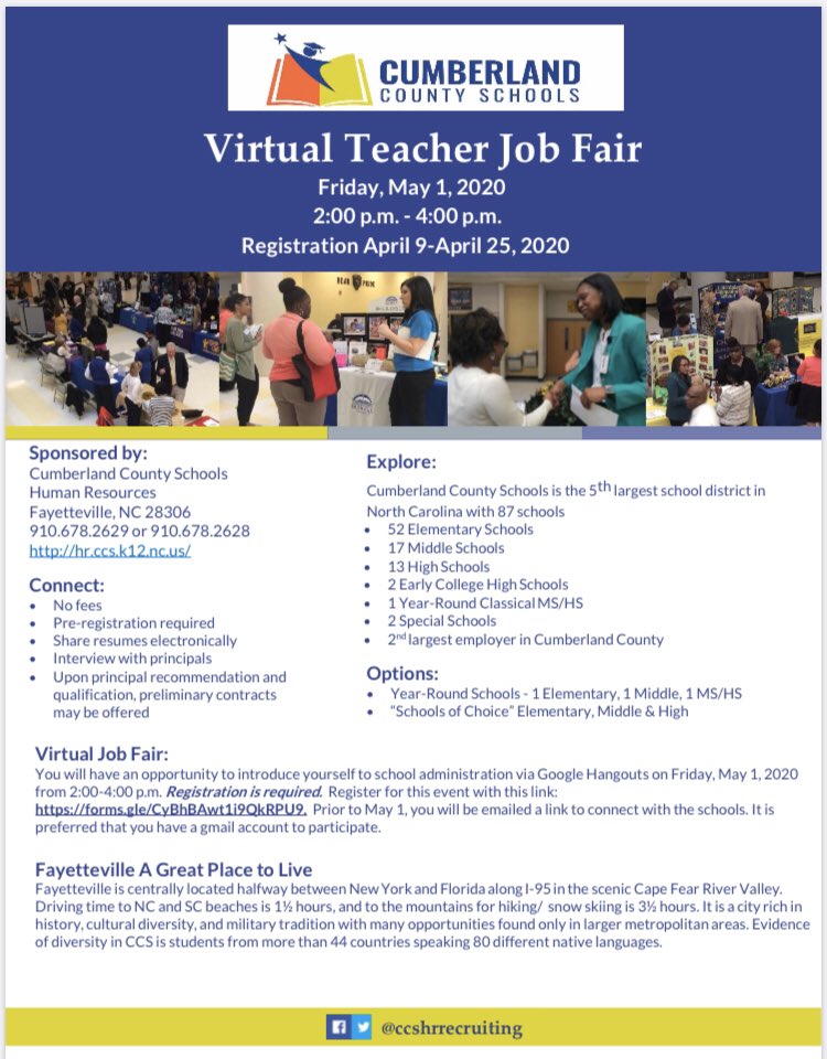 Cumberland County Schools (CCS) is excited to announce our Virtual Job Fair on May 1st. Come join the CCS family!!  Candidates must pre-register to receive the virtual fair meeting codes.  forms.gle/v9BhRAEGAgbfCj…  #PremierProfessionals