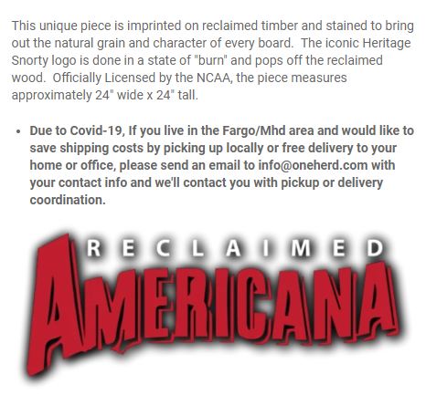 NDSUlicensing's tweet photo. We have an exciting #FreeStuffFriday this week! We’ve teamed up with @oneherdndsu to giveaway a Heritage Snorty reclaimed timber art piece, sold exclusively at One Herd!

More info is available here: https://t.co/5WuPORvCAe

1️⃣ Retweet, 2️⃣ Like, &amp; 3️⃣ Follow for a chance to win! https://t.co/reyjCmy3X5
