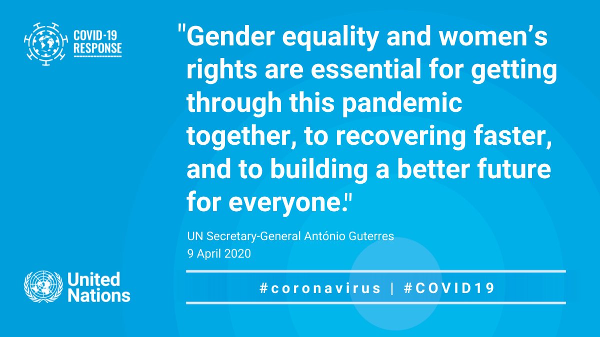 UN's tweet photo. #COVID19 could reverse the limited progress that has been made on gender equality &amp; women’s rights. 

That's why women &amp; girls must be at the centre of efforts to recover from the pandemic in all countries. 

-- @antonioguterres in new #coronavirus brief: https://t.co/7ZAUXaUe7Y https://t.co/KwUQi16Ysx