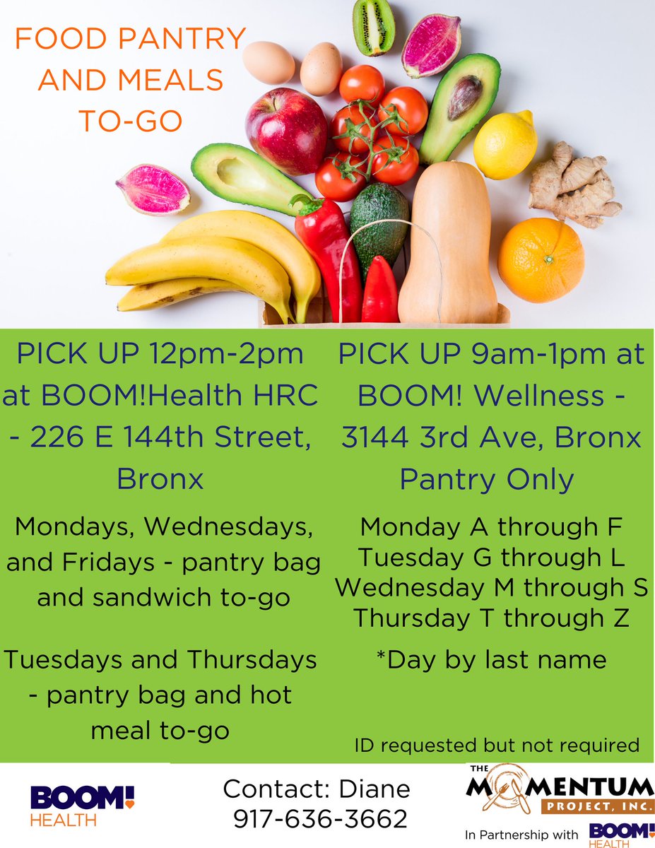 boomhealthnyc's tweet photo. #REMINDER: We have pantry and to-go meals available for pick up! Also, as a reminder #BOOMHealth will be closed tomorrow as we observe Good Friday. Stay safe!
#COVID19 #coronavirus #Pantry #meals #MomentumProject #Bronx #NYC #ICYMI https://t.co/pmCYkOY44m