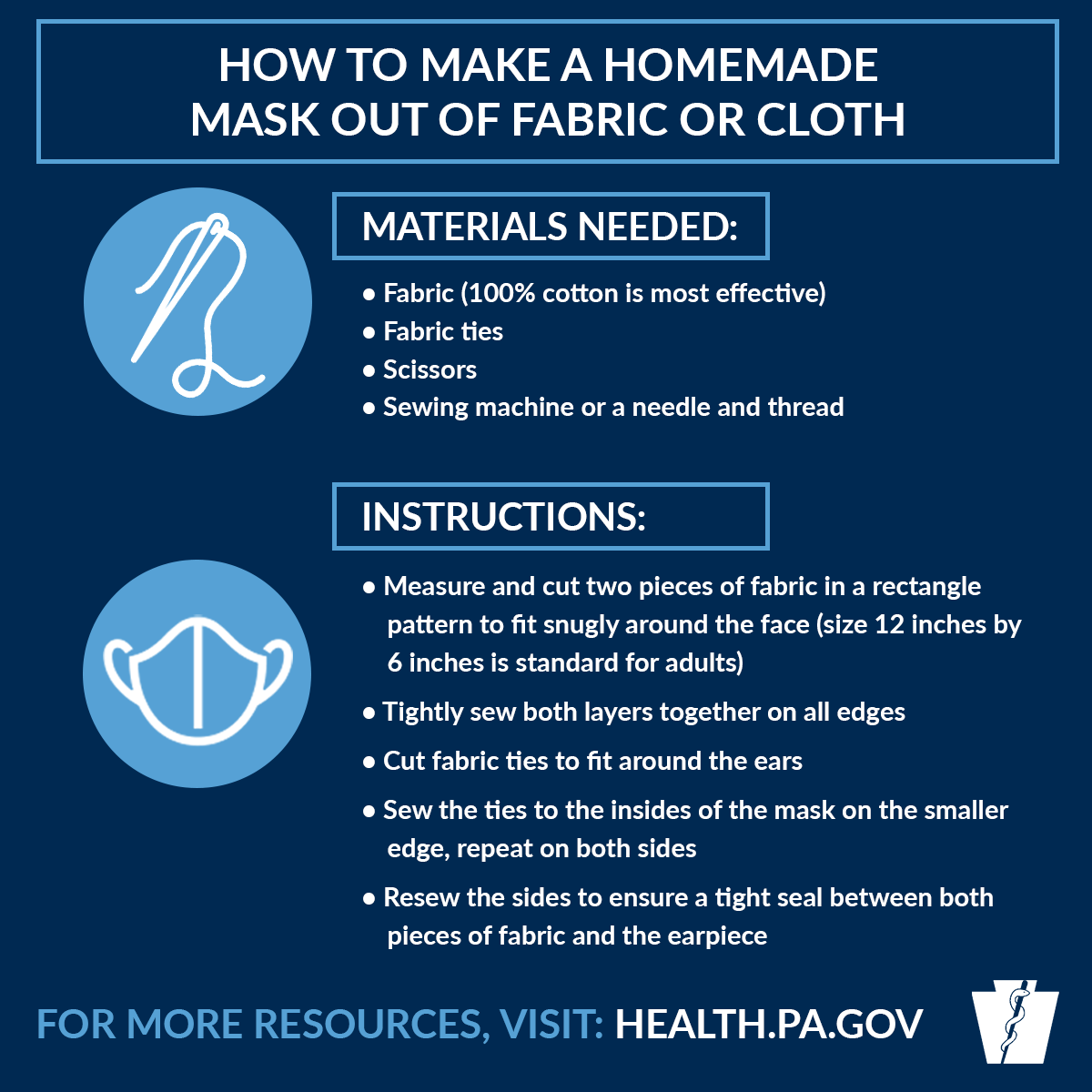 PAHealthDept's tweet photo. Did you make your own mask yet? 😷 If not, here's how you can make your own mask using materials you may already have in your home ⤵️

Materials needed:
• Fabric (100% cotton is most effective)
• Fabric Ties
• Scissors 
• Sewing machine or needle + thread

#MaskUpPA https://t.co/58sBKnbwwY