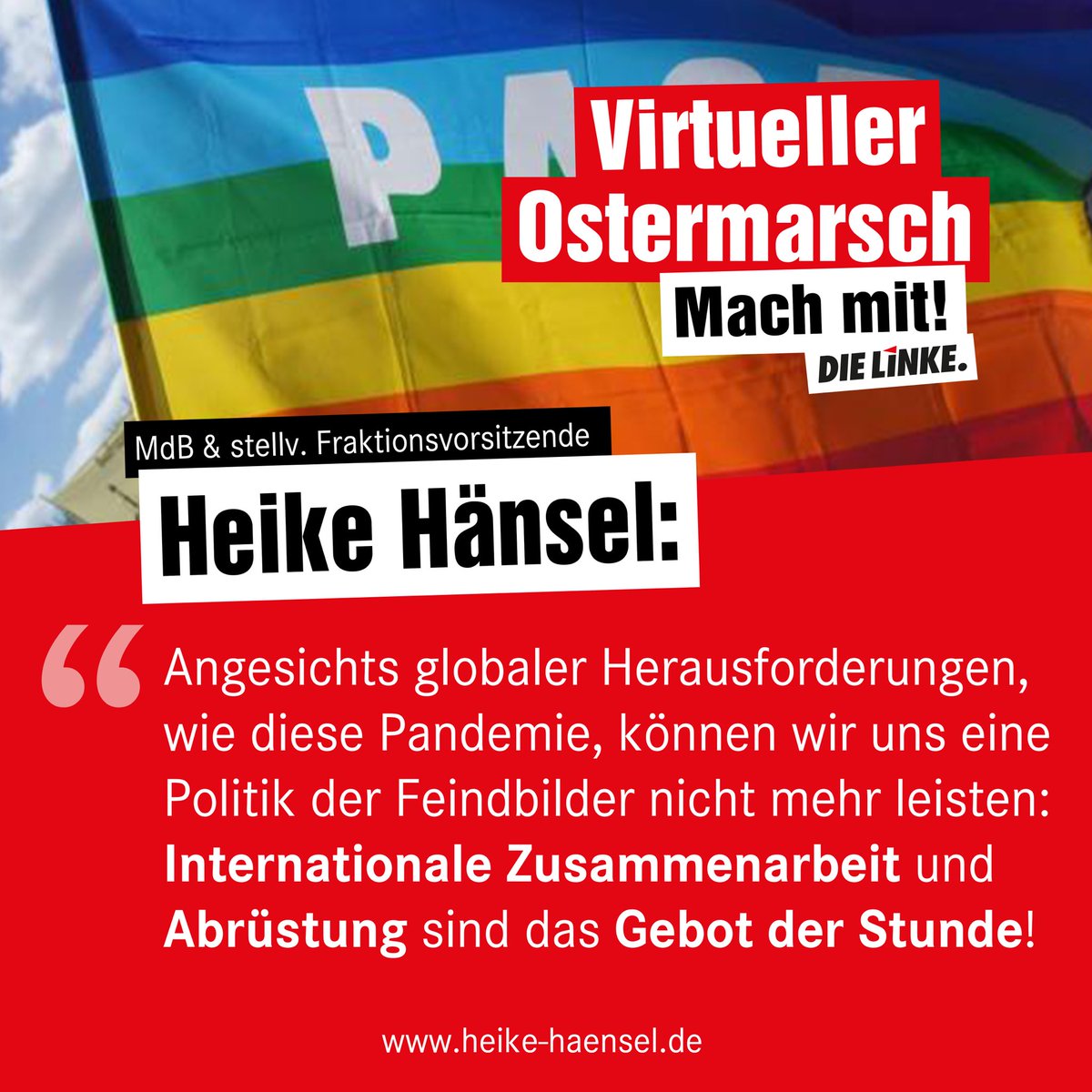 HeikeHaensel's tweet photo. Der #Ostermarsch2020 #OM2020 findet dieses Jahr im Netz statt. Das #Friedensnetz Ba-Wü ruft dazu auf, die #Friedensfahne von Fenster&Balkonen zu hängen und ein Foto davon zu posten. Macht mit, setzt ein Zeichen für: #Abrüstung jetzt! Rüstungsexporte und Kriegseinsätze beenden! https://t.co/Kmv9UlbRb1