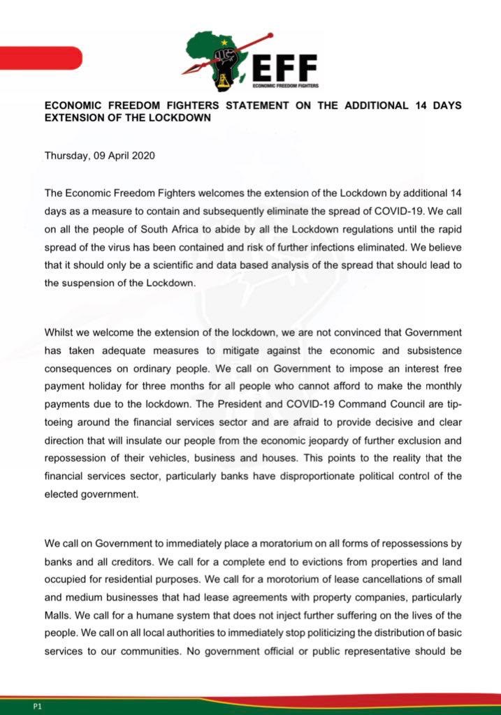 Julius_S_Malema's tweet image. As part of our contribution to the fight against COVID-19, all EFF Public Representatives, inclusive of Members of Parliament, Members of Provincial Legislatures, and Councillors will contribute a third of our monthly salaries to the COVID-19 Solidarity Fund.