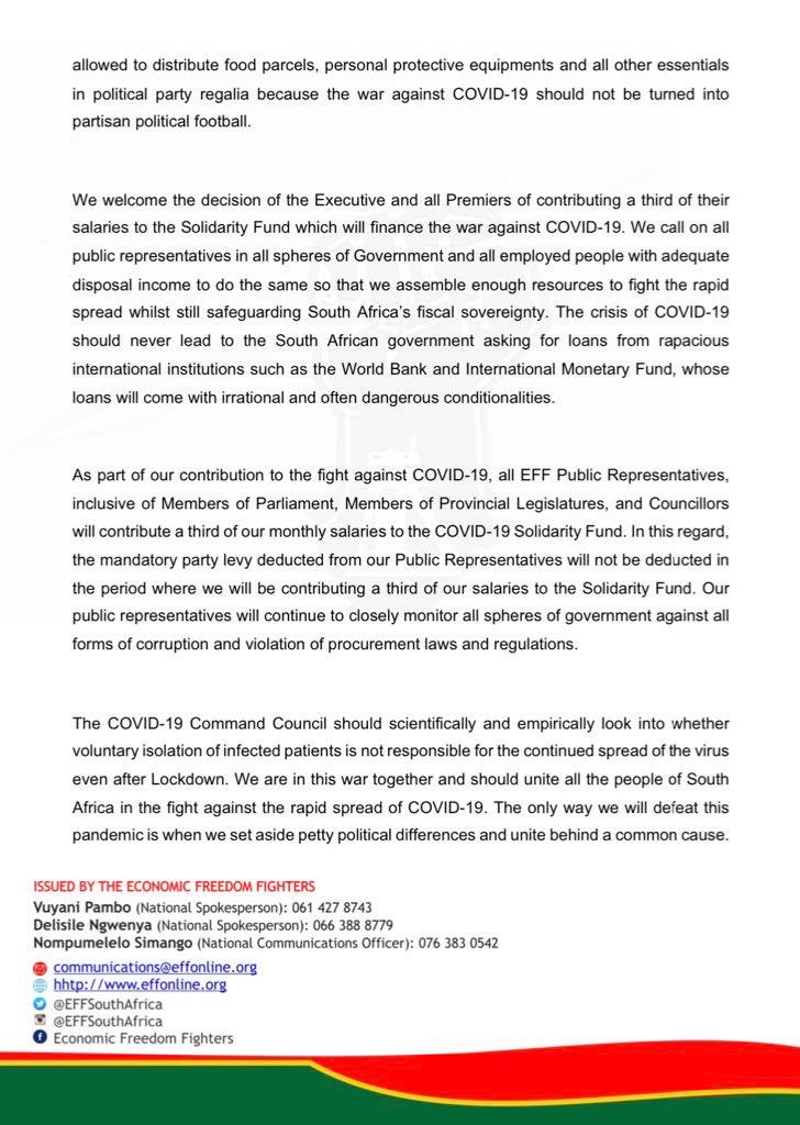 Julius_S_Malema's tweet image. As part of our contribution to the fight against COVID-19, all EFF Public Representatives, inclusive of Members of Parliament, Members of Provincial Legislatures, and Councillors will contribute a third of our monthly salaries to the COVID-19 Solidarity Fund.