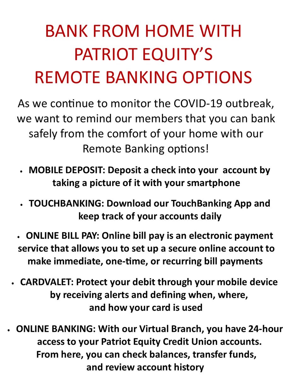 PatriotEquity's tweet photo. Stay safe! Take advantage of @PatriotEquity Remote Banking options! https://t.co/U5h7ZwJ0HK