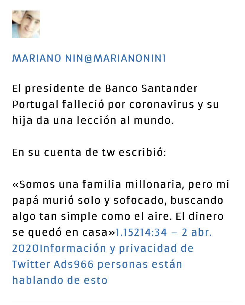 EdgardoMuguerza's tweet photo. Muere por el Coronavirus, el presidente del Banco Santander, el hombre más rico de Portugal. Su hija deja conmovedor y reflexivo mensaje. #COVID #YoMeQuedoEnCasa  #QuedateEnCasa https://t.co/5KGusiSQjd