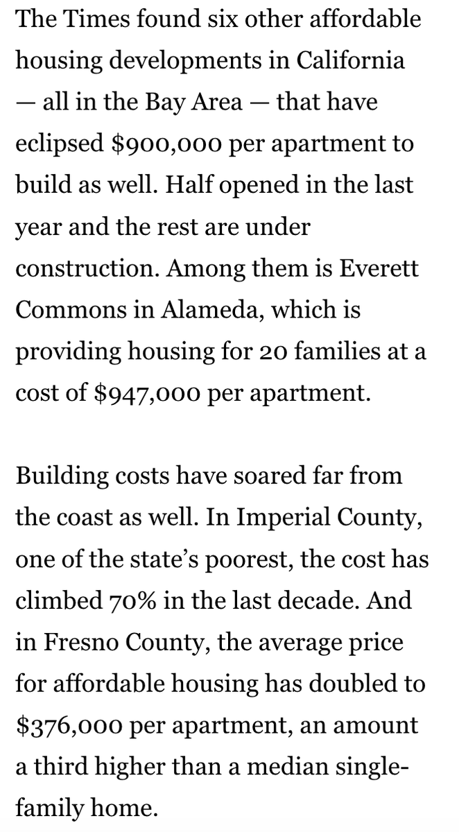Ultimately, the project is collapsing under its own weight and probably won’t be built now. And while $1.1 million per apartment is the most expensive we found, there are at least six others in the state above $900,000 per unit. Plus, costs to build inland have been soaring (6/8)