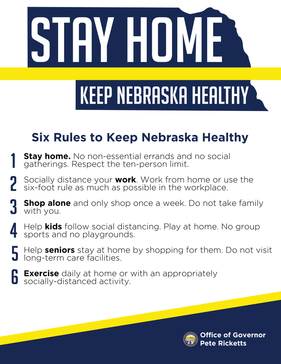 PeteRicketts's tweet photo. For the next 21 days, we are asking every Nebraskan to #StayHome and stay healthy. We are asking everyone to follow the Six Rules to Keep Nebraska Healthy as we work together to slow the spread and win the war against the virus. 

Please SHARE to spread the word. https://t.co/7Y9KMSeQth