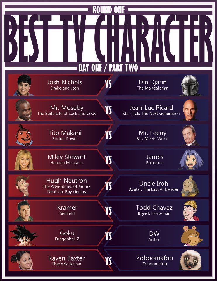 BracketMadness3's tweet photo. Who’s ready? We are, and the tournament is set to start within the hour! 

You can see the matchup graphics as well as today’s schedule here!

There will be four pods of four matchups today and tomorrow. In just two days we will have split the field!

#BestTVCharacterBracket https://t.co/ewlTPW5Fsa