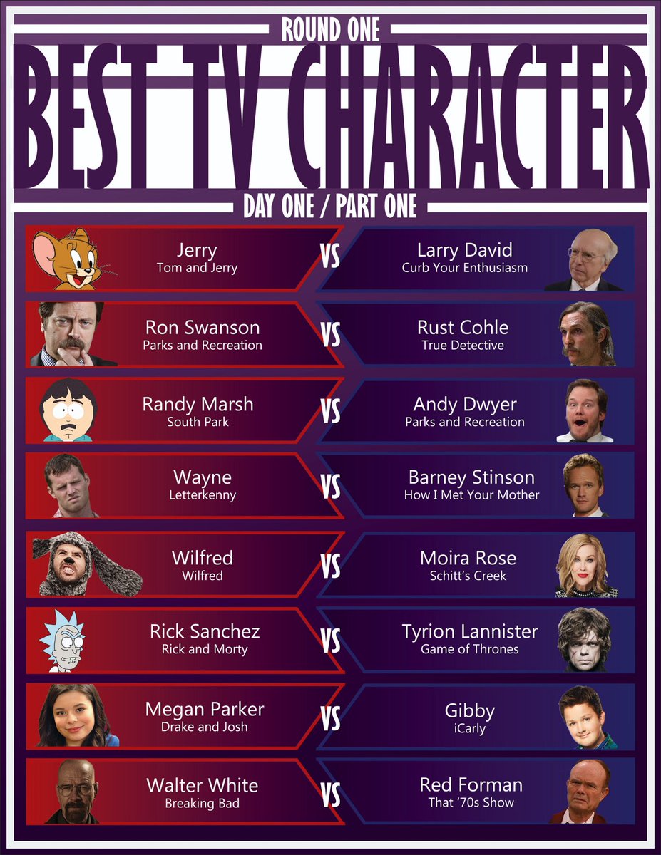 BracketMadness3's tweet photo. Who’s ready? We are, and the tournament is set to start within the hour! 

You can see the matchup graphics as well as today’s schedule here!

There will be four pods of four matchups today and tomorrow. In just two days we will have split the field!

#BestTVCharacterBracket https://t.co/ewlTPW5Fsa