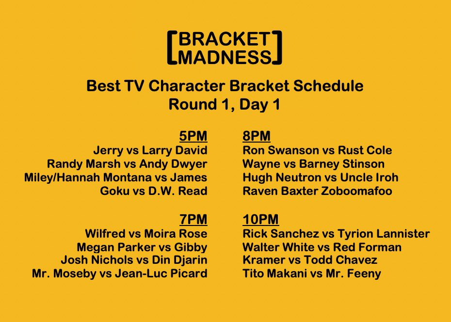 BracketMadness3's tweet photo. Who’s ready? We are, and the tournament is set to start within the hour! 

You can see the matchup graphics as well as today’s schedule here!

There will be four pods of four matchups today and tomorrow. In just two days we will have split the field!

#BestTVCharacterBracket https://t.co/ewlTPW5Fsa