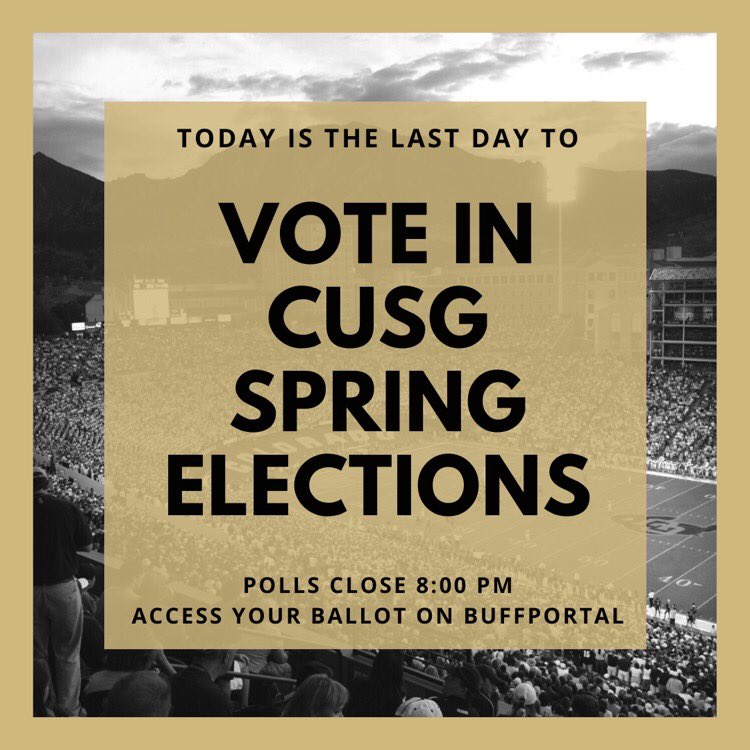 CUSGBoulder's tweet photo. VOTING CLOSES TODAY!!
Make sure your voice is heard on campus!
-> https://t.co/qrujos23Lv for more info https://t.co/0KHgz1XfrV