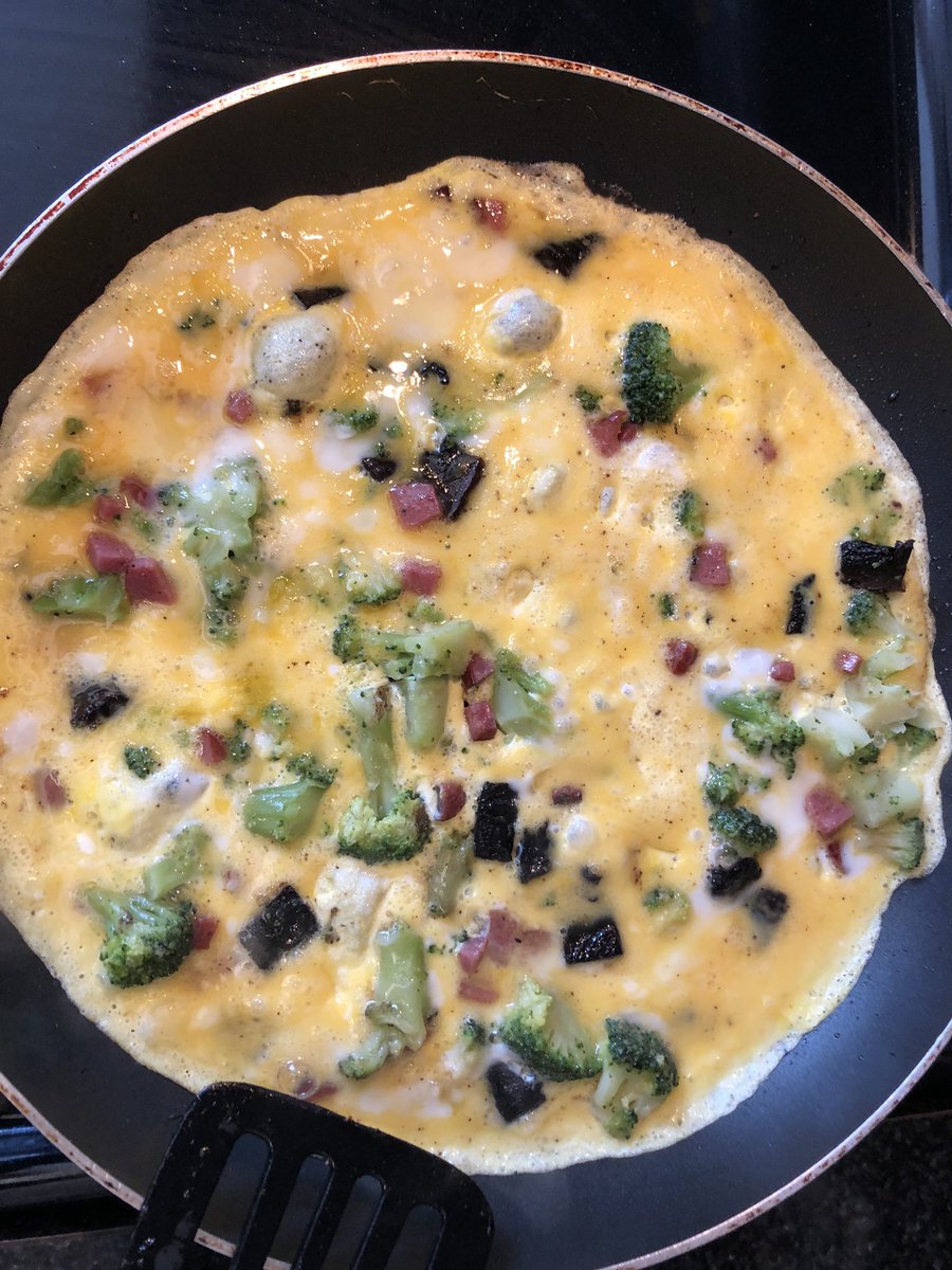 I took left over broccoli and mushrooms from dinner last night and added turkey summer sausage and made an omelet for lunch. #LeftOverIdeas #Omelet #LunchTimeEats #Yummy 😋🥦🍄🍳