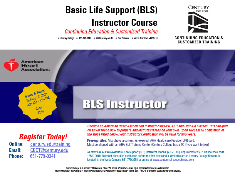 CenturyCECT's tweet photo. Become an American Heart Association CPR Instructor!
Our Basic Life Support (BLS) Instructor Course starts soon!

Register Here:
https://t.co/aRLDXkEyoM

#CenturyCollege @HeartAssocMN #AmericanHeartAssociation #BLS #BasicLifeSupport #BLSInstructor #CPR #CPRInstructor https://t.co/hYD5UAIXKQ